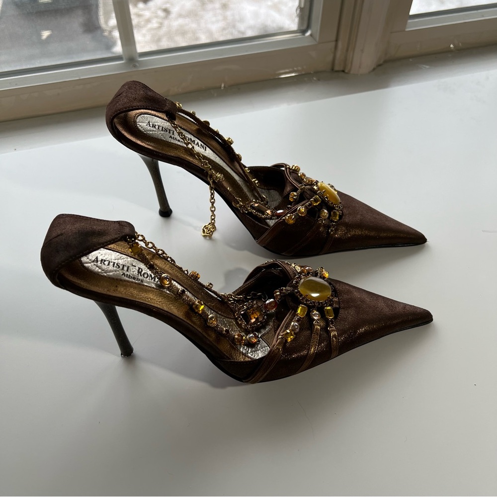 Vintage Artisti Romani Athens T strap Genuine Leather Pointed Toe Heels 36 6.5-7 - Picture 10 of 15